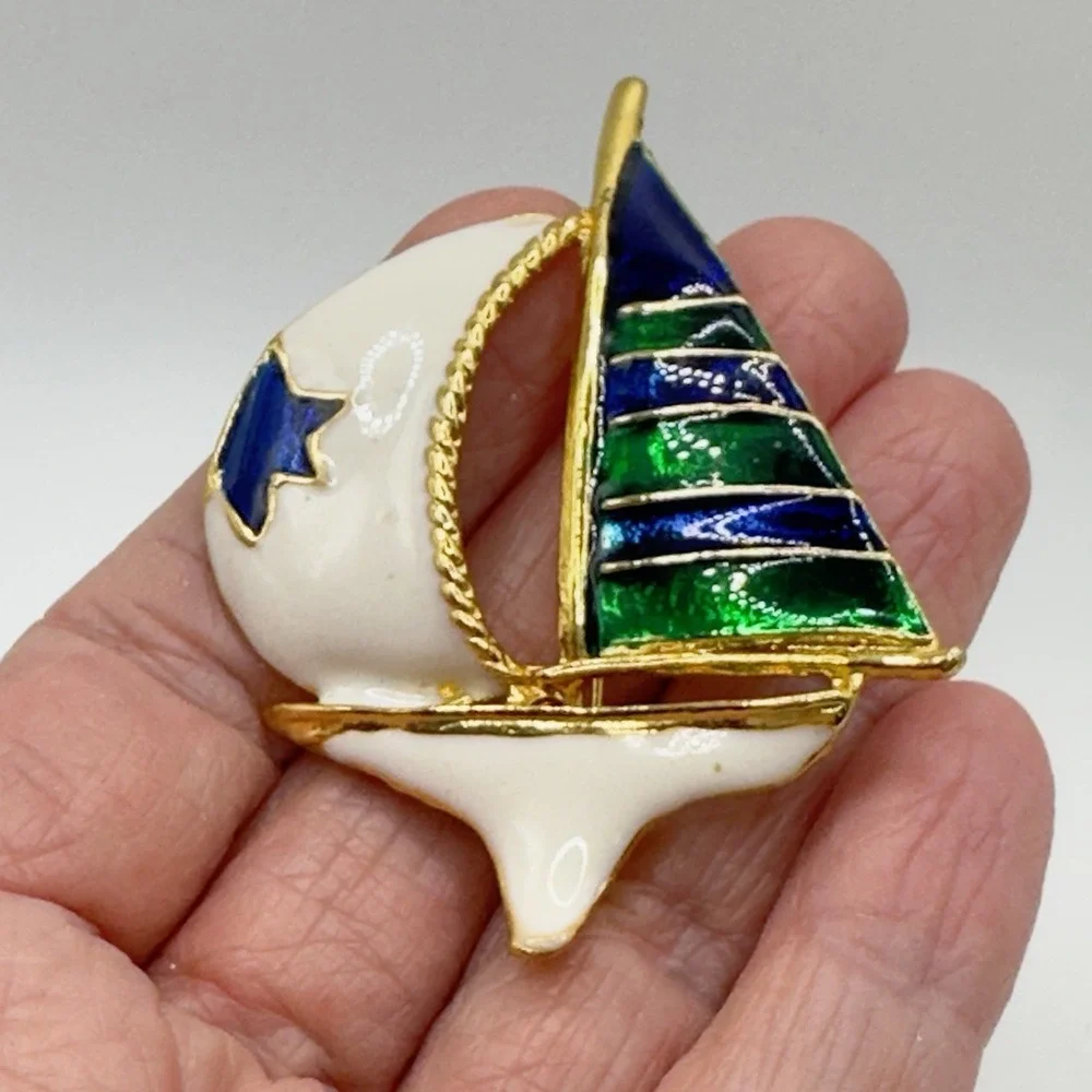 Vintage Brooch Lot 5 Rhinestone Enamel Faux Pearl Sailboat Flower Starburst Pins